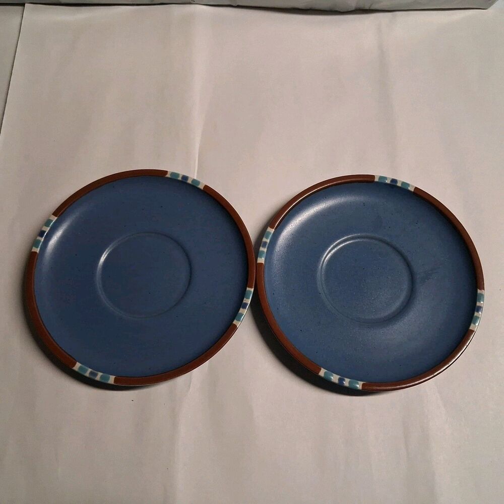 2 MESA Blue Stoneware Saucer w/ Brown & White Rim, Matte Finish, Round